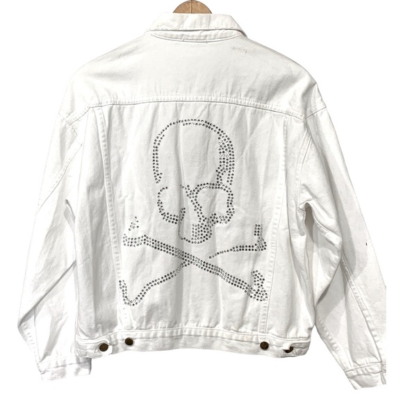 Carmar Rhinestone Skull Design White Denim Trucker Jacket XS